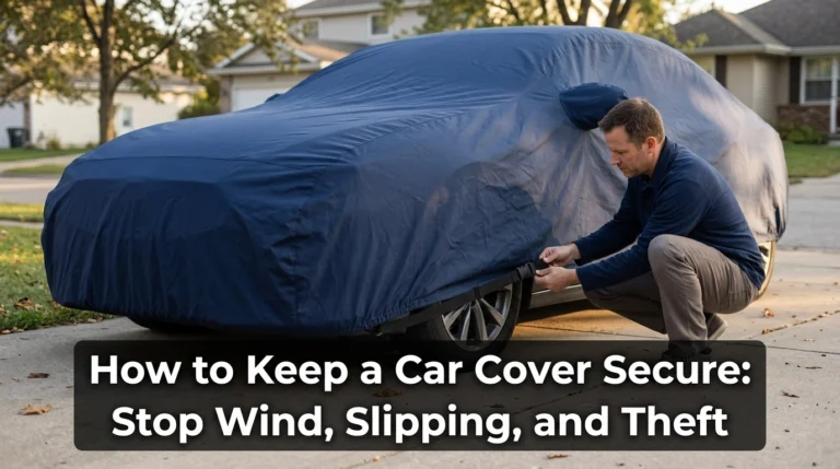Covered sedan secured with a coated cable and padlock to help stop car cover theft.