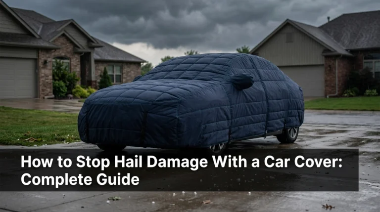 Silver sedan with padded hail car cover secured on a driveway before an approaching thunderstorm.