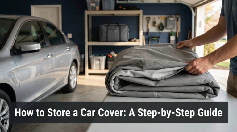 How to store a car cover by folding clean, dry fabric beside a sedan in a garage.