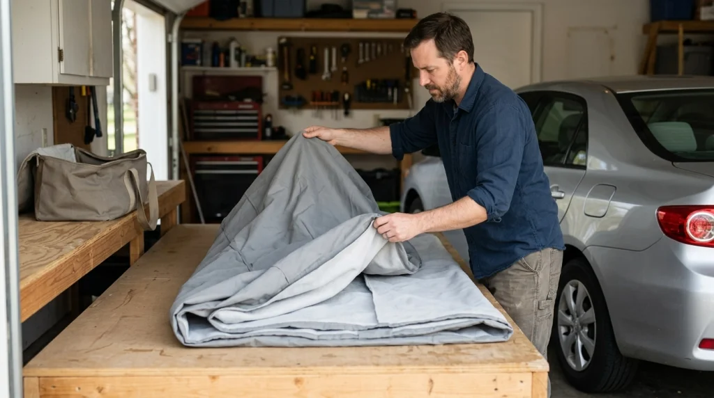 An owner carefully folds a dry car cover beside a sedan in a residential garage.