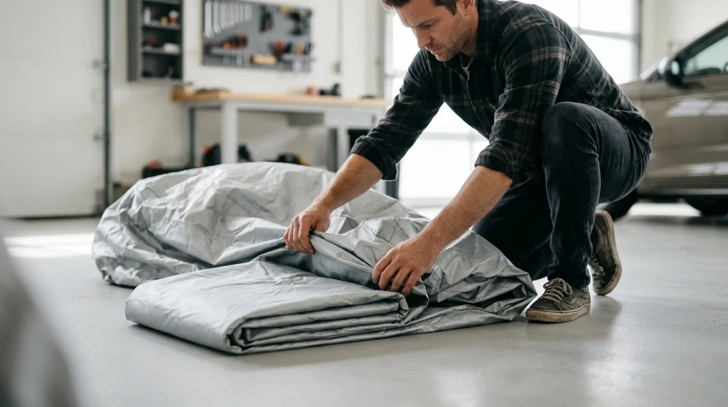 Folding a clean car cover correctly for off-season storage.