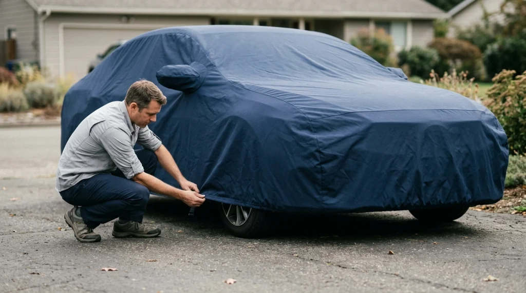 Owner checking elastic hem and mirror pocket alignment on a correctly fitted navy car cover.