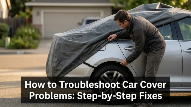 Car owner inspecting a fitted car cover for fabric and fastening problems on a silver sedan.