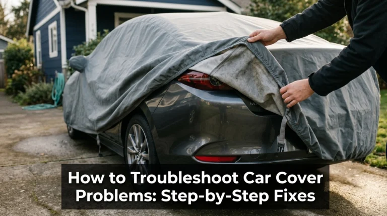 Troubleshooting car cover problems by inspecting a gray car cover's fit, lining, and fastening strap.