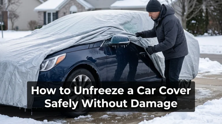 Frozen car cover on a winter sedan being carefully inspected before safe thawing and removal.