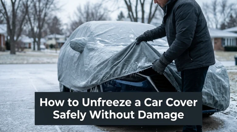 Car owner gently removing a thawed frozen car cover from a navy sedan without damaging the paint.