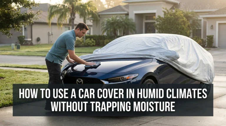 Car owner inspecting a breathable car cover on a dry sedan parked in a humid Florida driveway.