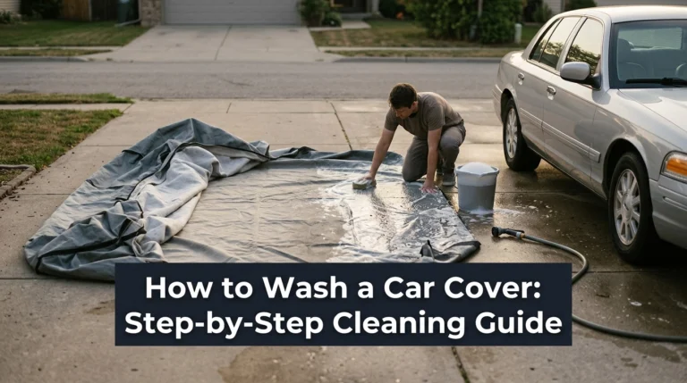 Washing a gray car cover beside a silver sedan with a soft sponge, bucket, and garden hose. File Name: how-to-wash-car-cover-featured-photo.jpg