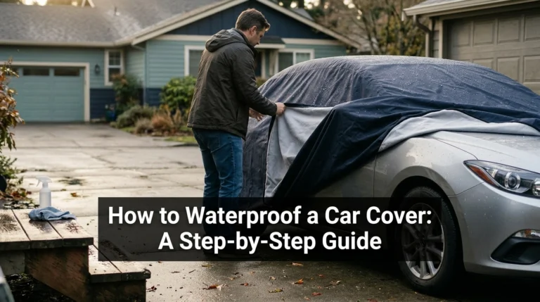 Car owner waterproofing a car cover on a silver sedan in a residential driveway.