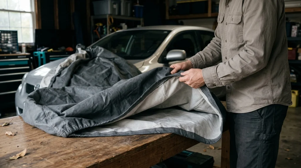 Inspecting car cover fabric, seams, and folds to identify possible causes of unwanted odors.