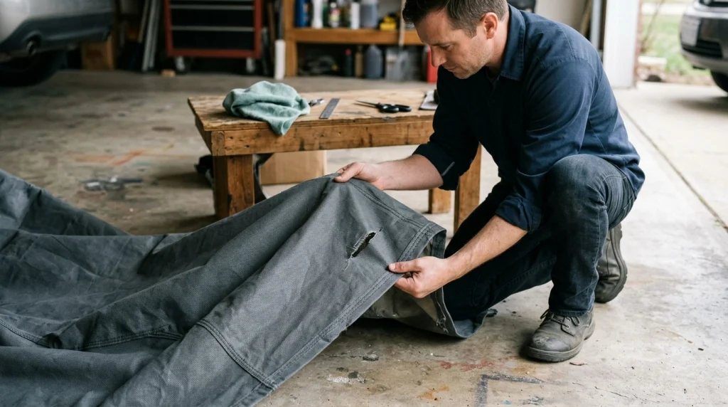 Car owner inspecting a torn car cover and checking the fabric around a damaged seam.