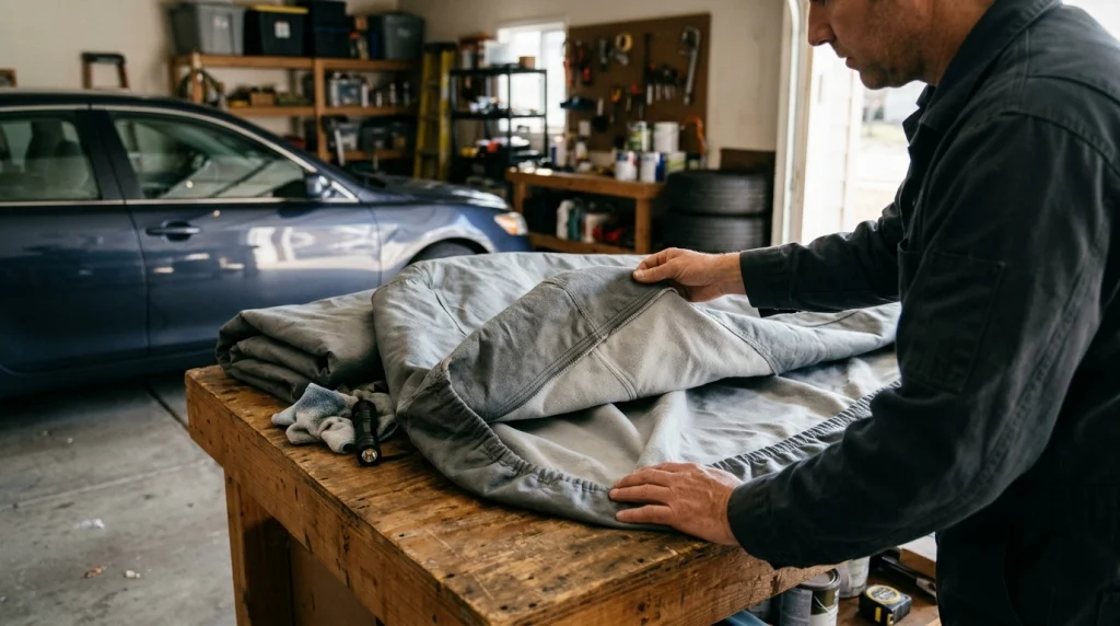Car owner checking the lining and stitching of a gray car cover in a residential garage.