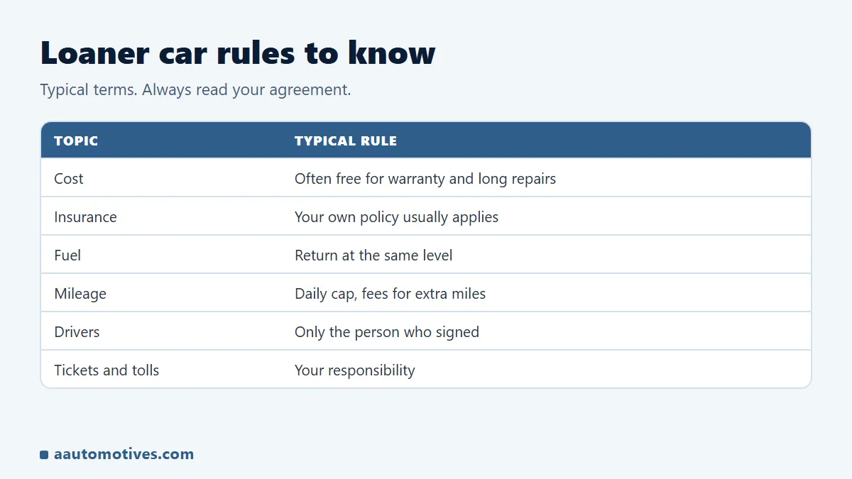 Loaner car rules: cost, insurance, fuel, mileage, drivers, tickets and tolls
