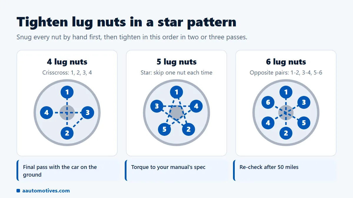 Lug nut star tightening pattern for 4, 5 and 6 lug wheels