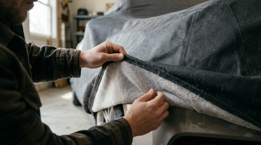 Person inspecting the inner lining of an indoor car cover in a garage.