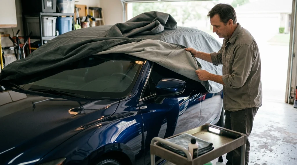 Car owner inspecting a cover lining and ceramic-coated sedan for grit, wear, and rubbing damage.