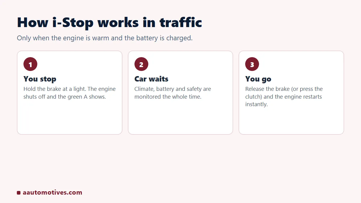 How Mazda i-Stop works: engine stops at red lights and restarts when you release the brake