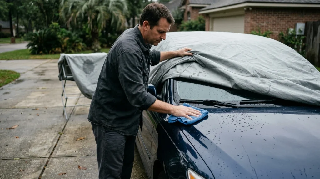Car owner drying moisture from a sedan after carefully removing a damp car cover following rain.