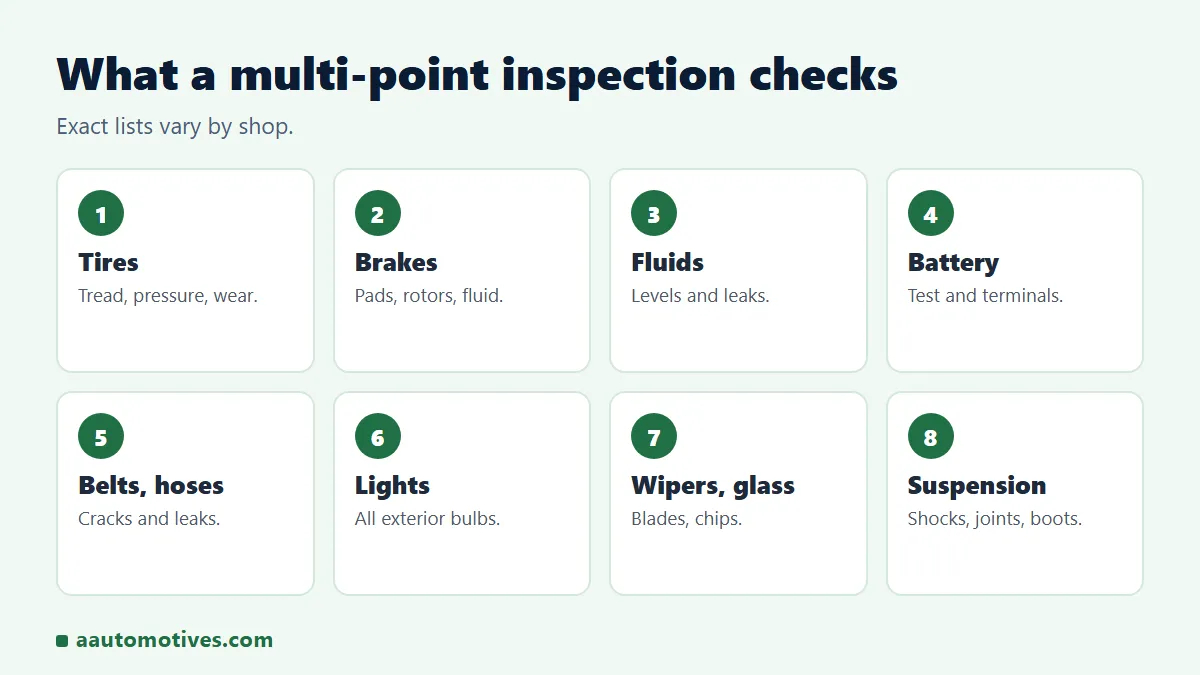 Multi-point inspection checklist: tires, brakes, fluids, battery, belts, lights, wipers, suspension