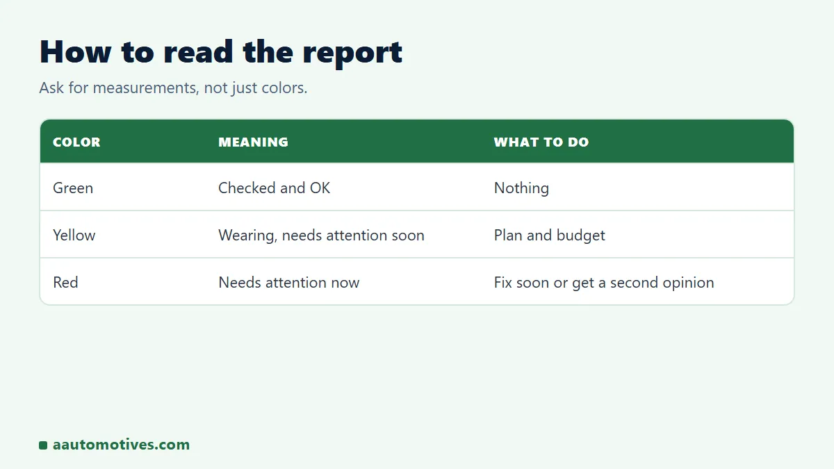 Multi-point inspection report colors: green OK, yellow soon, red now