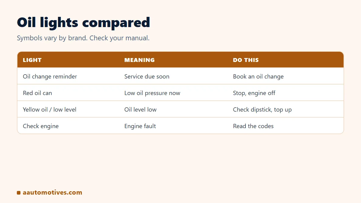 Oil lights compared: oil change reminder, red oil pressure warning, yellow low oil level, check engine
