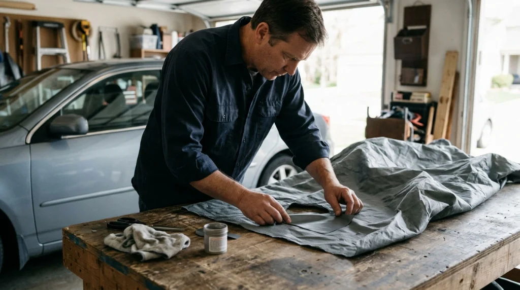 DIY repair showing how to patch a torn car cover with an underside fabric patch on a workbench.