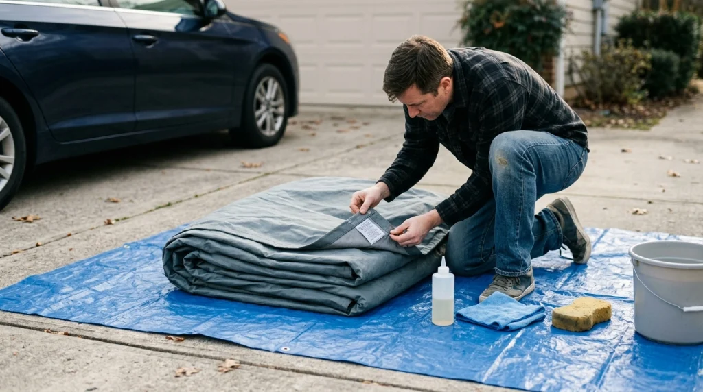 Car cover cleaning supplies arranged beside a vehicle before stain treatment.