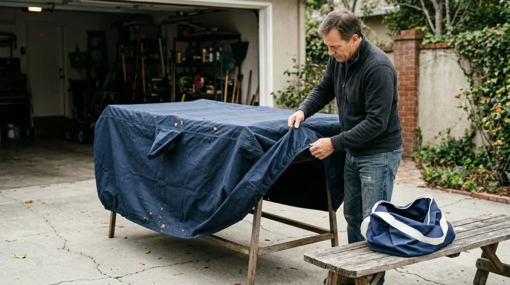 Preparing a car cover for storage by inspecting seams and drying the fabric in a shaded garage.