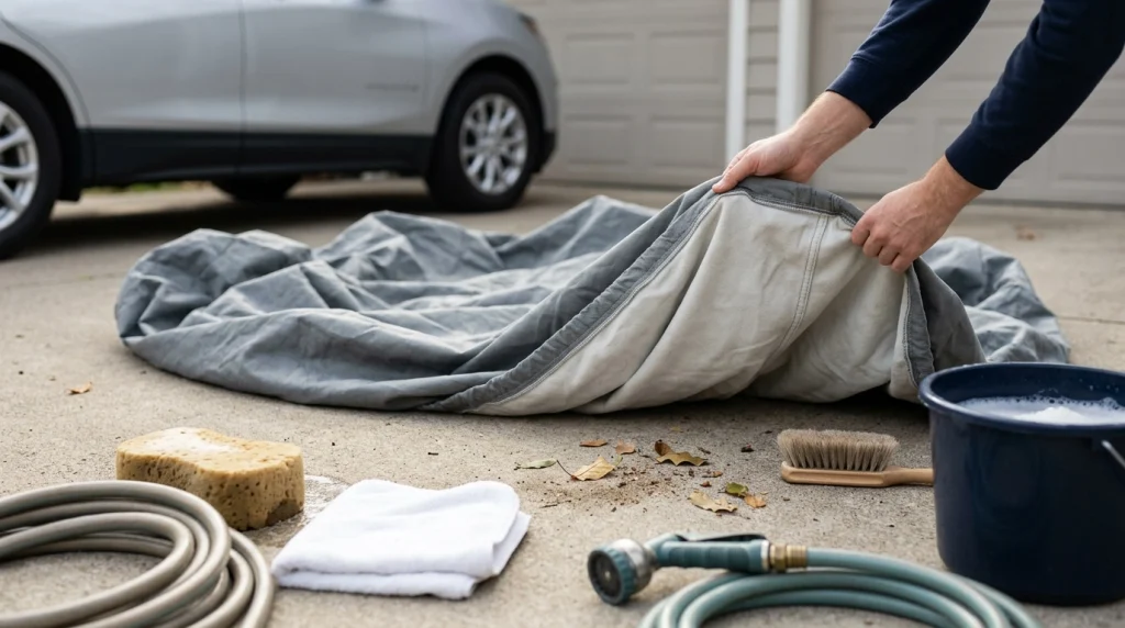 Gray car cover, soft brush, sponge, bucket, and garden hose prepared for safe cleaning.