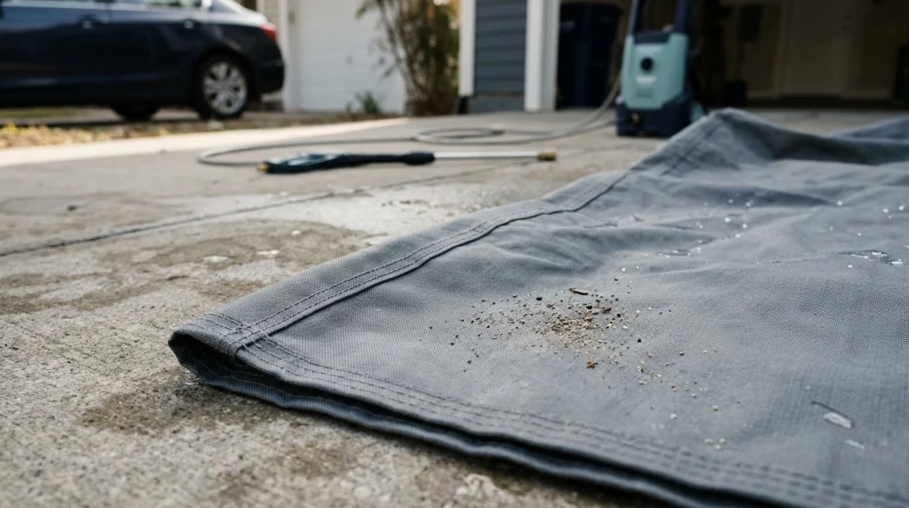 Close-up of a multilayer car cover and stitched seam illustrating pressure washing risks.