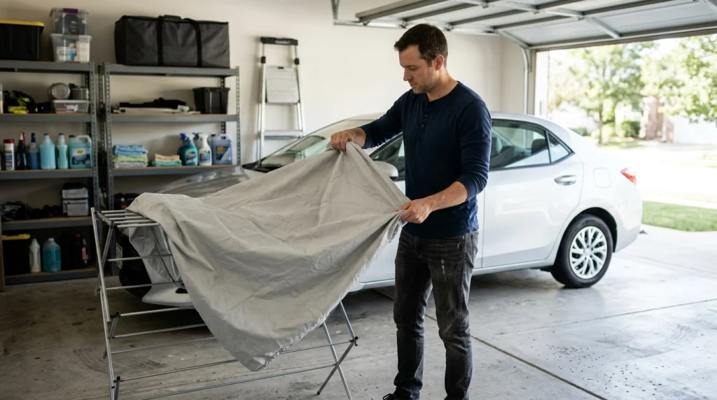 Car owner loosely folding a fully dry car cover beside a clean car in a ventilated garage.