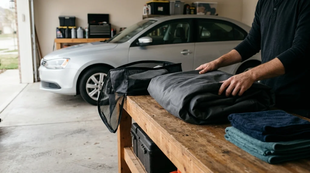 Fully dry car cover folded loosely in a clean, ventilated residential garage beside a sedan.