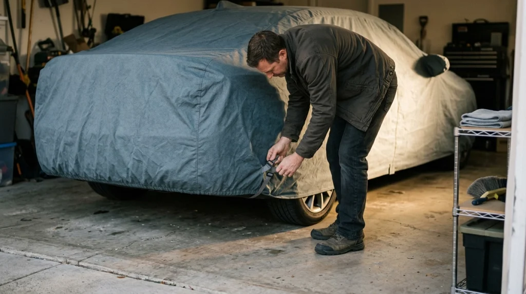 Vehicle owner securing a car cover's rear buckle and checking the fit in a residential garage.