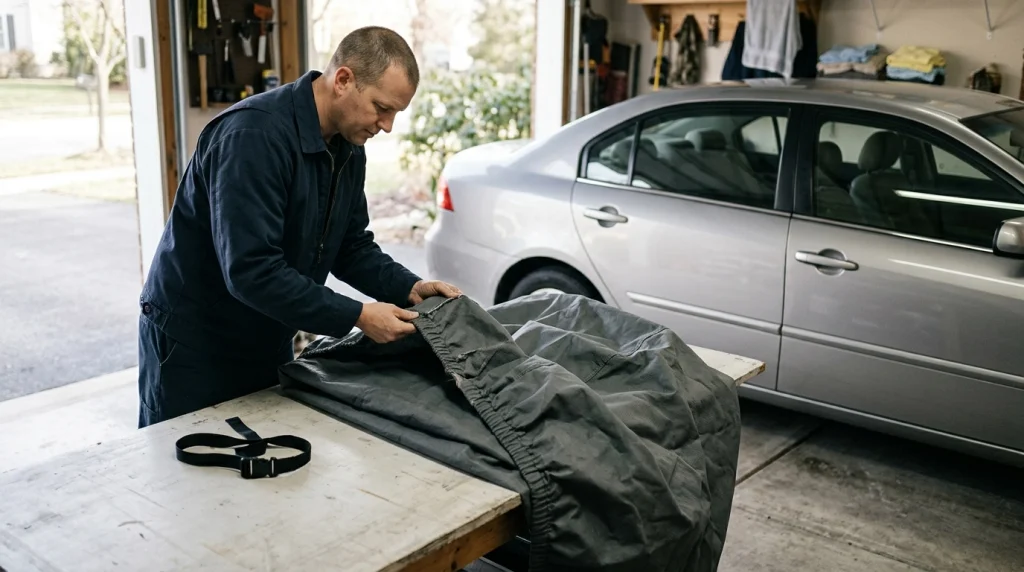 Vehicle owner inspecting worn car cover seams, elastic hem, and buckle beside a clean silver sedan.