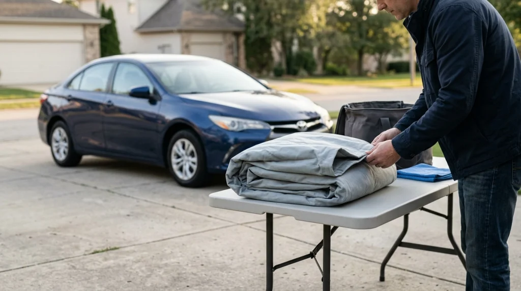 A dry car cover being inspected and folded for clean storage beside a parked vehicle.