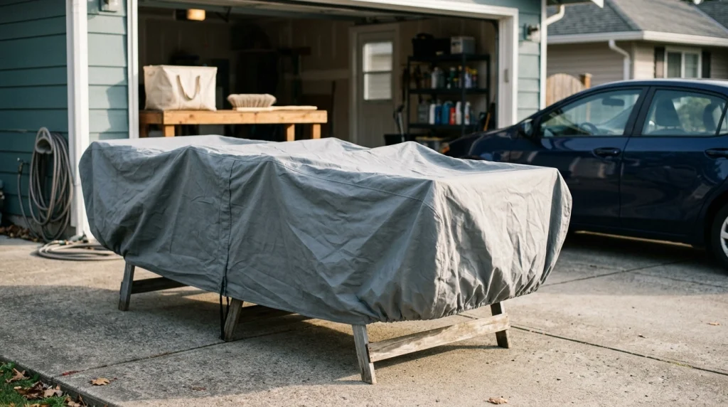 Clean car cover air-drying beside a ventilated garage before dry storage.