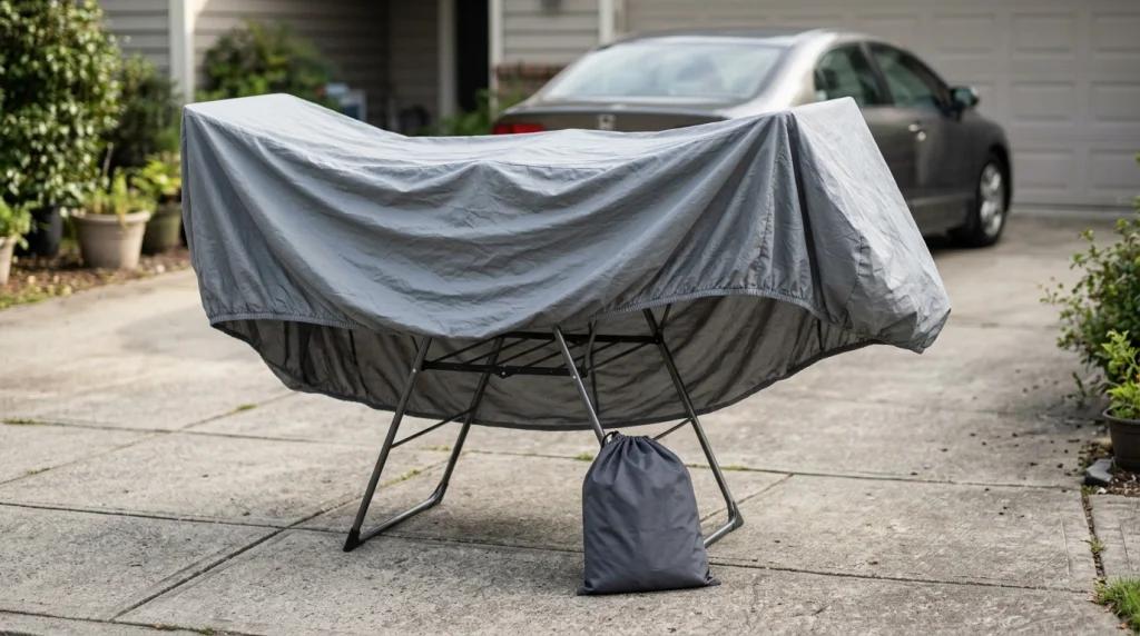 Dry car cover spread open on a rack beside a clean passenger car.