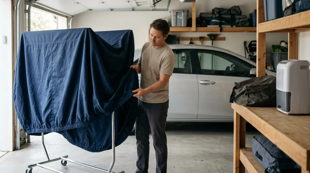 Car cover drying on a rack in a clean garage before being stored to prevent musty odors