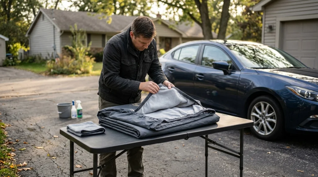 Car owner inspecting the clean inner lining of a gray car cover beside a parked vehicle.