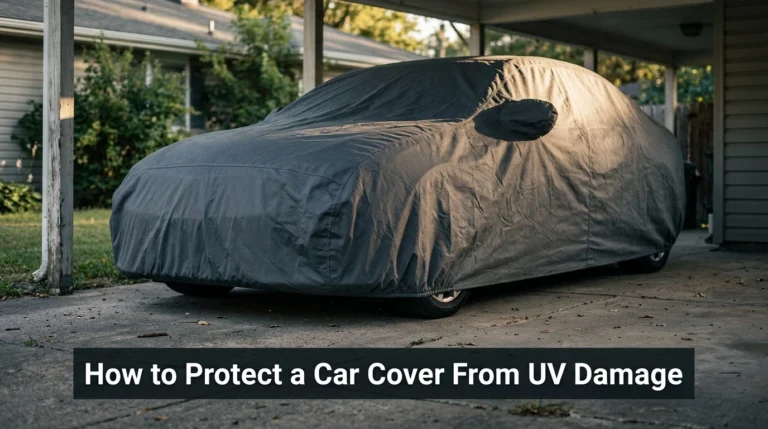 Silver sedan under a UV-resistant car cover in a shaded driveway.