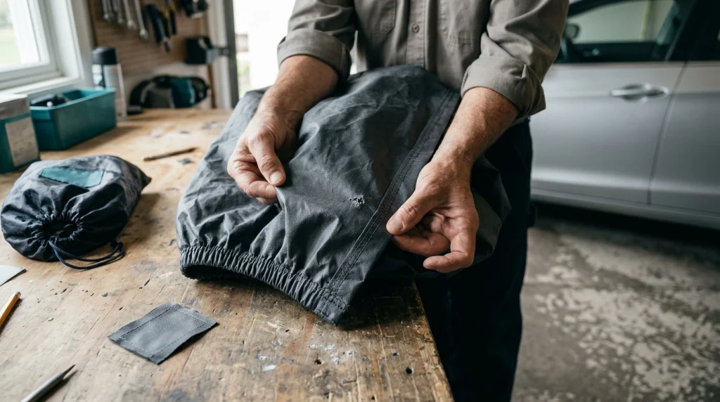 Close-up inspection of waterproof car cover stitching, reinforced hem, and elastic edge in a garage.