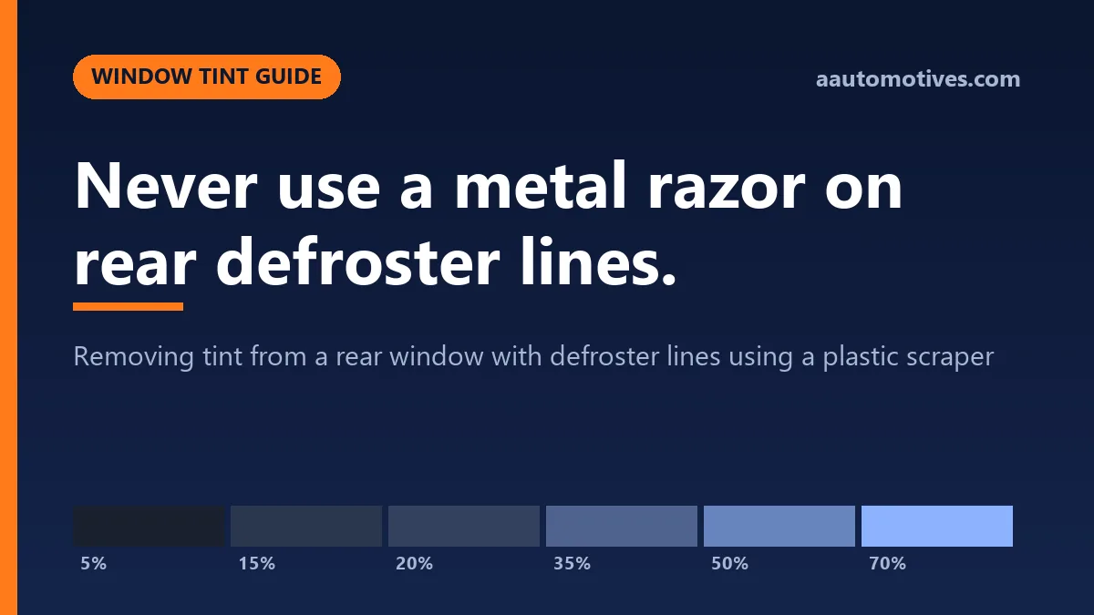 Removing tint from a rear window with defroster lines using a plastic scraper
