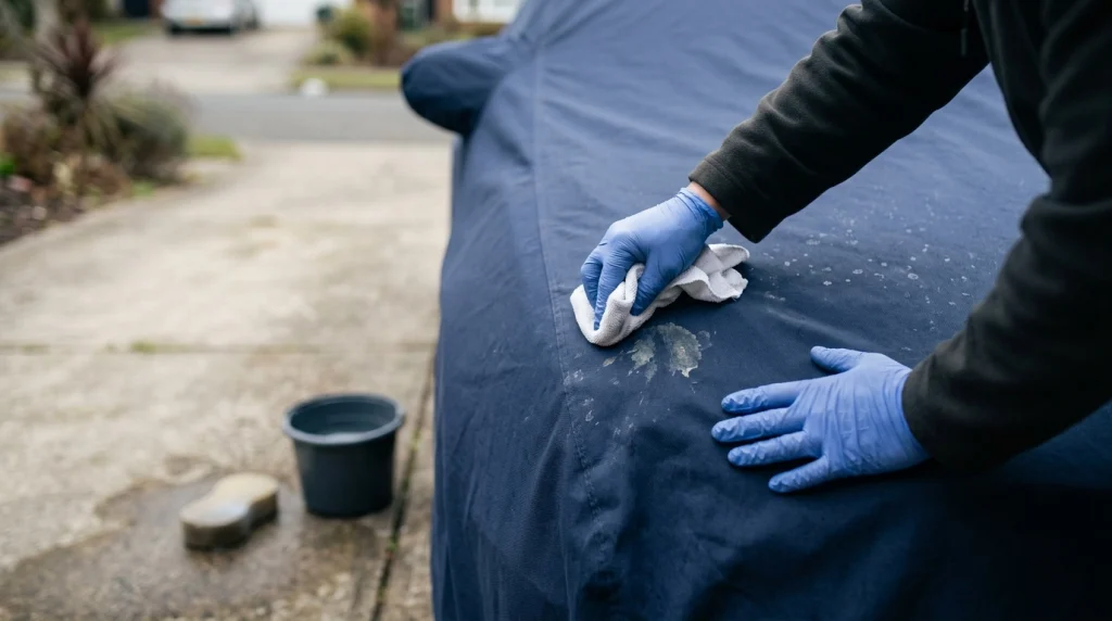A gloved hand gently blots a softened bird-dropping stain on a navy car cover with a microfiber cloth.