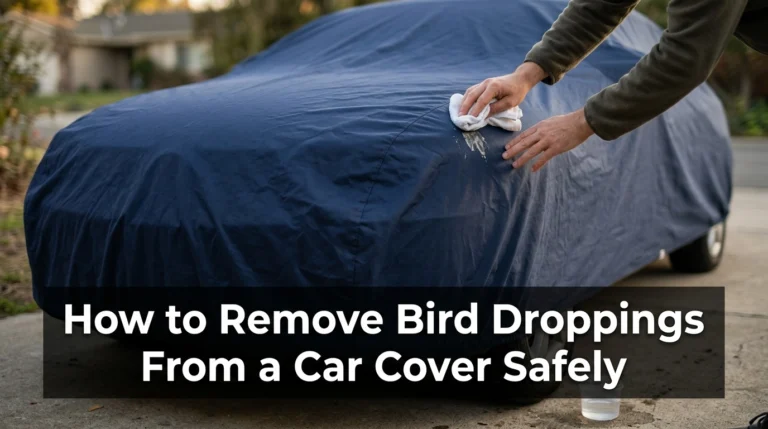 Gently cleaning bird droppings from a navy car cover with a microfiber cloth.