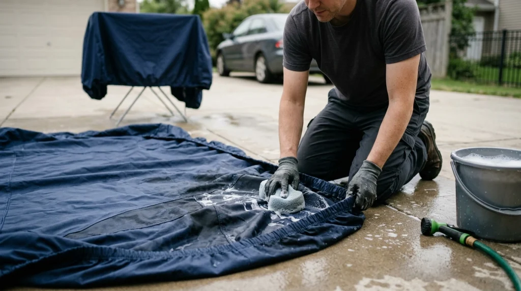 Car owner gently washing a navy car cover with mild detergent and a soft sponge on a driveway.