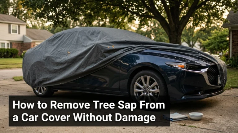 Removing tree sap from a gray car cover beside a parked passenger car.