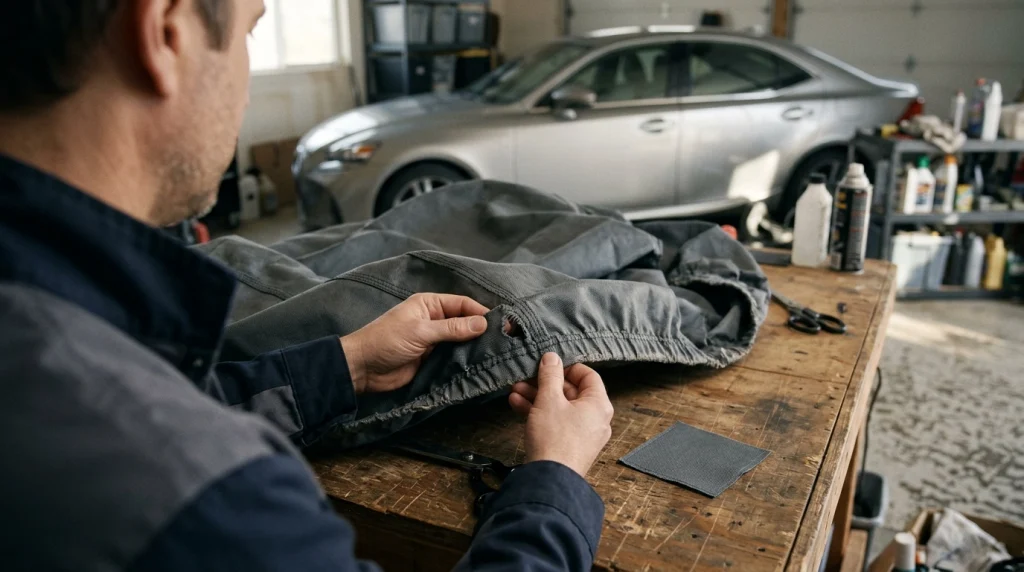 Car owner inspecting a torn car cover seam beside a silver sedan in a residential garage.