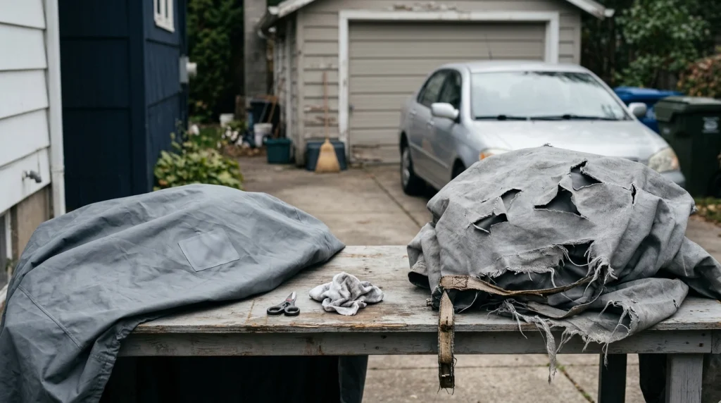Torn car cover with a small repairable patch beside a worn cover with multiple tears.