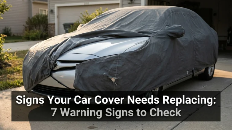 Signs your car cover needs replacing, shown by faded fabric, a torn seam, and stretched elastic.