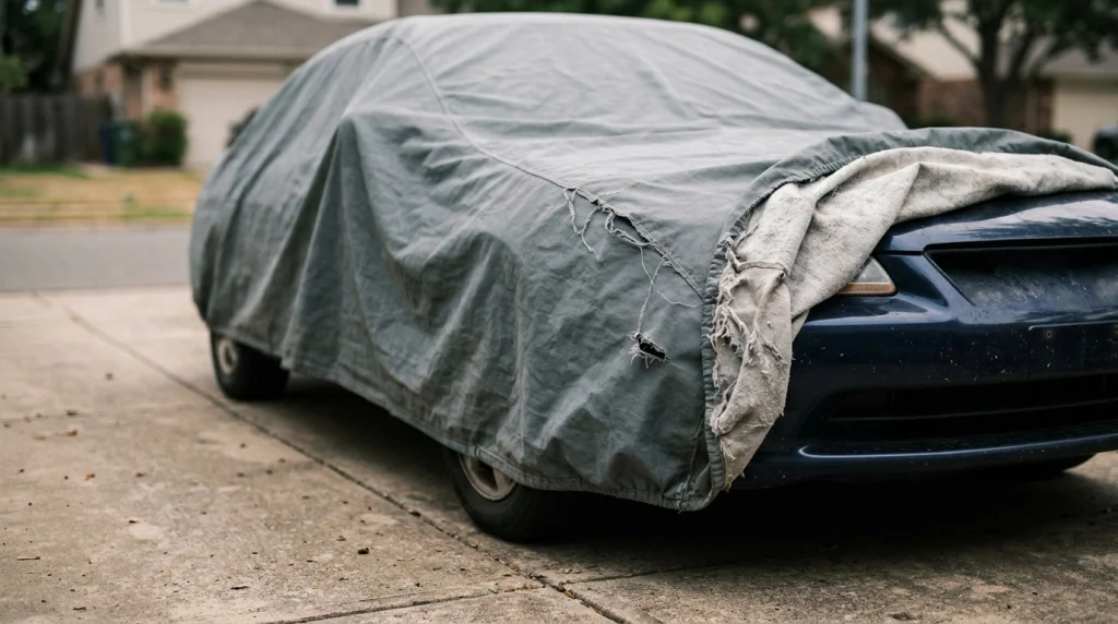 Torn gray car cover with frayed seams and exposed lining on a parked sedan.
